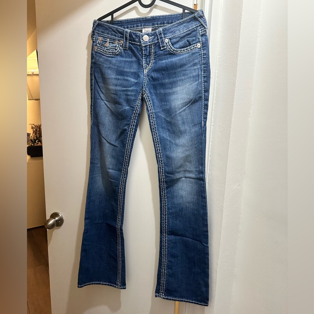 True Religion Women's Distressed Blue Flare Jeans